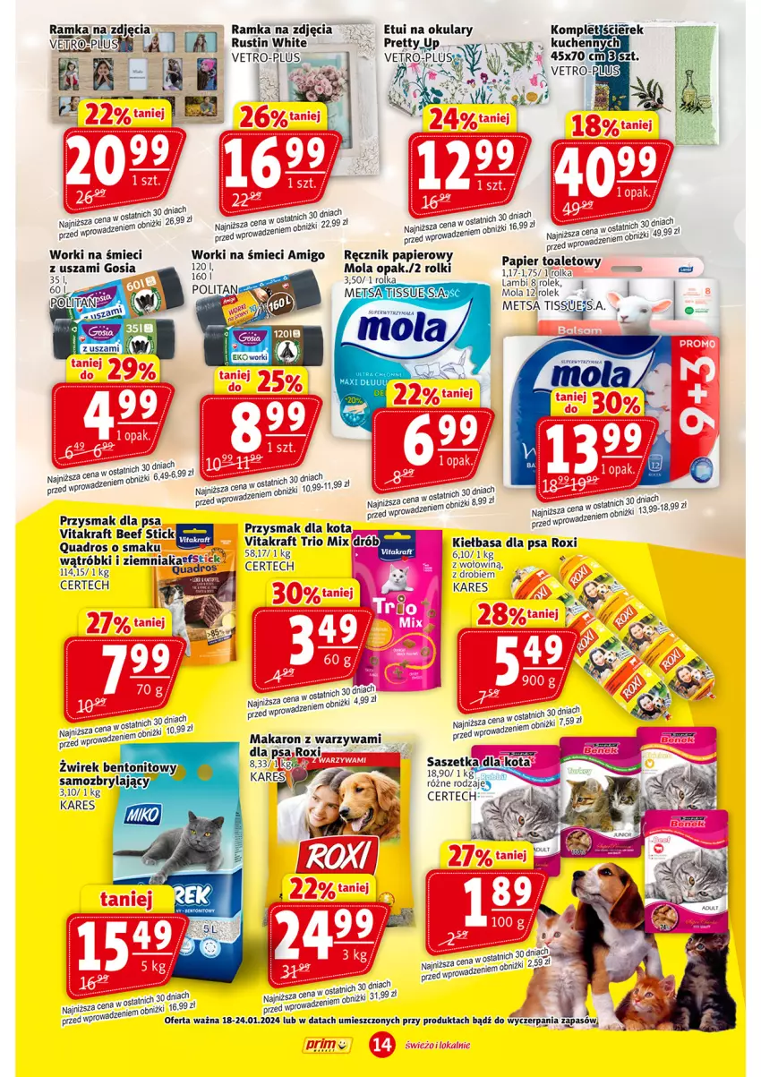 Gazetka promocyjna Prim Market - ważna 18.01 do 24.01.2024 - strona 14 - produkty: BIC, Drób, Fa, HP, Kiełbasa, Makaron, Mola, Papier, Przysmak dla kota, Przysmak dla psa, Ramka, Ręcznik, Rolki, Rust, Vitakraft, Warzywa, Worki na śmiec, Worki na śmieci