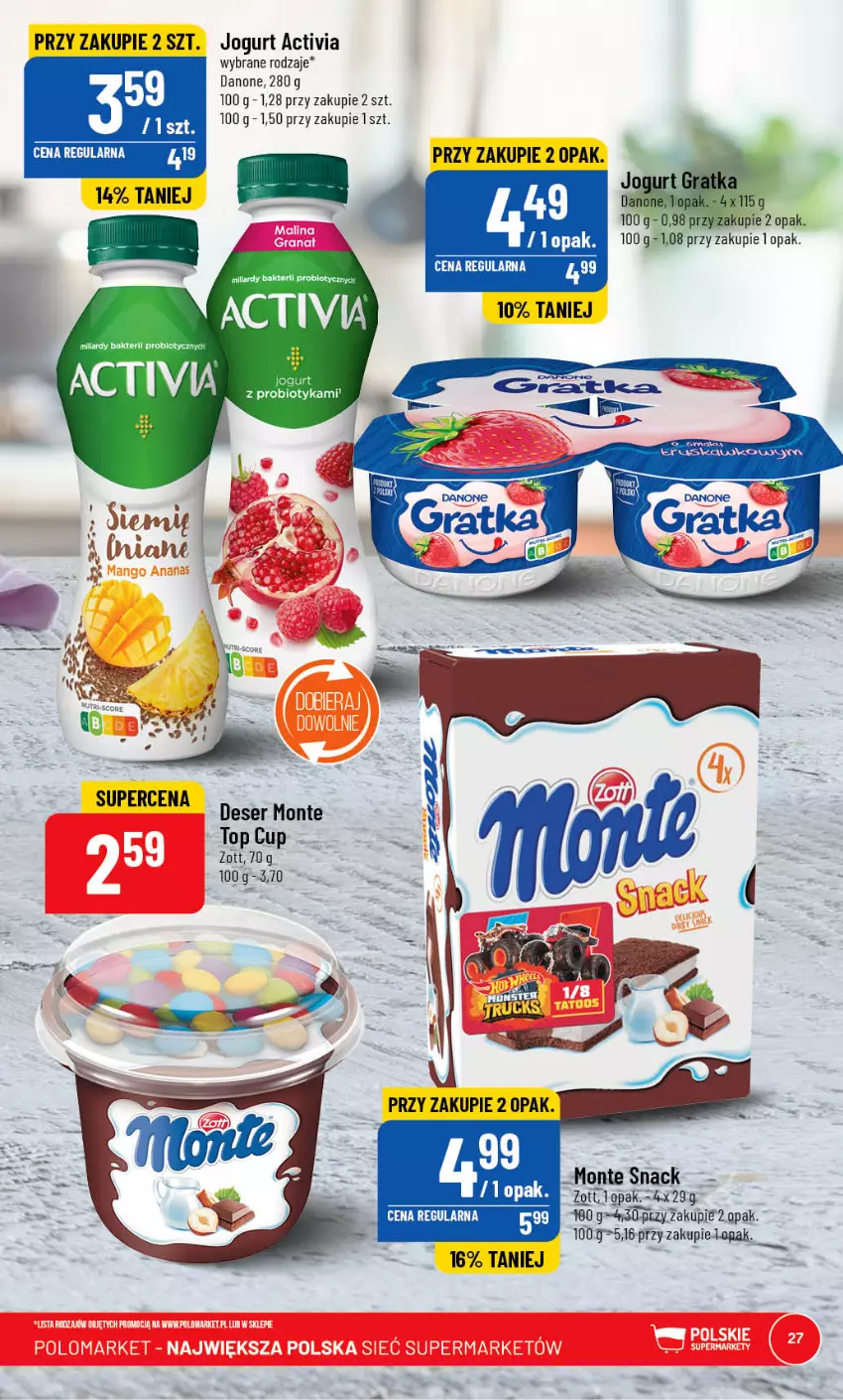 Gazetka promocyjna PoloMarket - Gazetka pomocyjna - ważna 05.04 do 11.04.2023 - strona 27 - produkty: Activia, Danone, Deser, Jogurt, Monte, Ser, Top, Zott