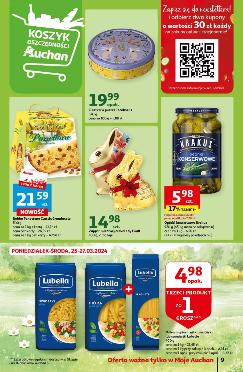 Gazetka promocyjna Auchan - Wielkanoc z najlepszej cenie! Część 2. Moje Auchan - ważna 21.03 do 30.03.2024 - strona 9 - produkty: Babka, Bell, Bella, Ciastka, Gra, Jacobs, Krakus, Lindt, Lubella, Makaron, Ogórki konserwowe, Ser, Spaghetti