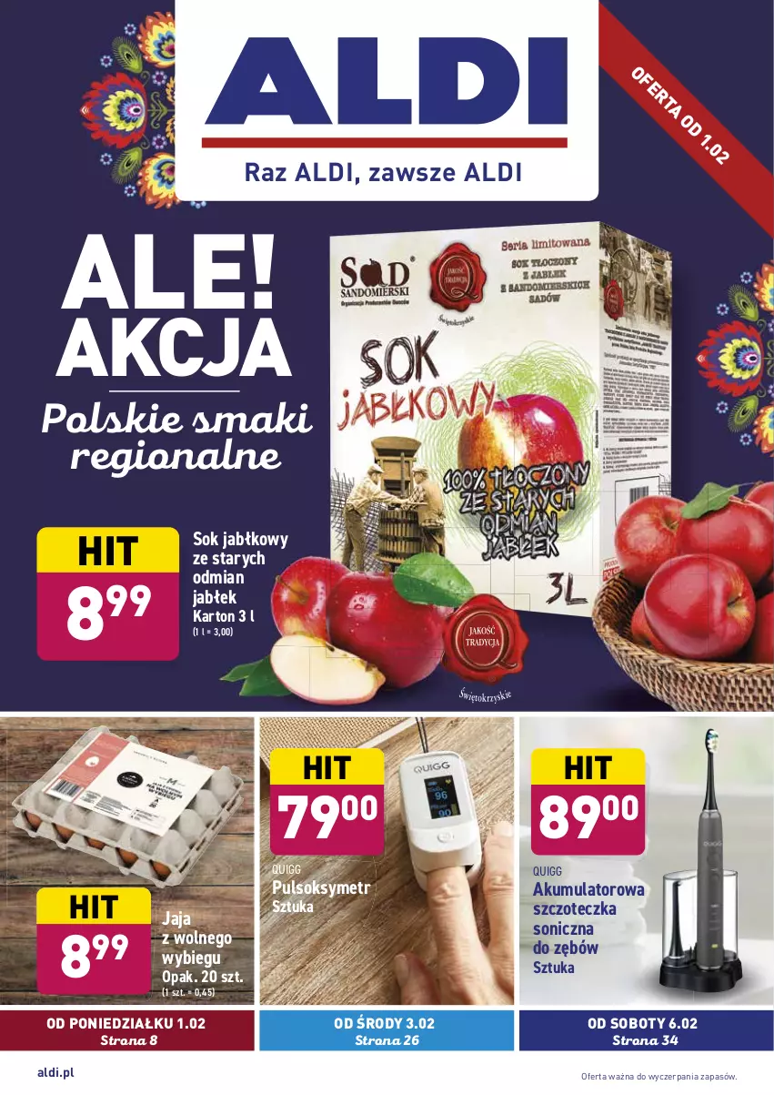 Gazetka promocyjna Aldi - ALE! CENA w ALDI - ważna 01.02 do 06.02.2021 - strona 1 - produkty: Akumulator, Jaja, Jaja z wolnego wybiegu, Pulsoksymetr, Sok, Sok jabłkowy, Szczoteczka, Szczoteczka soniczna