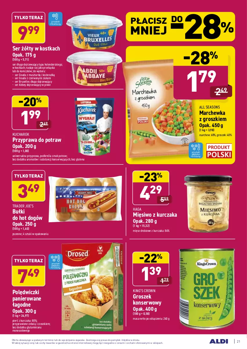 Gazetka promocyjna Aldi - ALE! CENA w ALDI - ważna 01.02 do 06.02.2021 - strona 21 - produkty: All Seasons, Bułki do hot dogów, Gouda, Groszek, Hot dog, King’s Crown, Kucharek, Kurczak, Marchewka, Mięsiwo z kurczaka, Mięso, Mus, Polędwiczki panierowane, Przyprawa do potraw, Ser, Tera