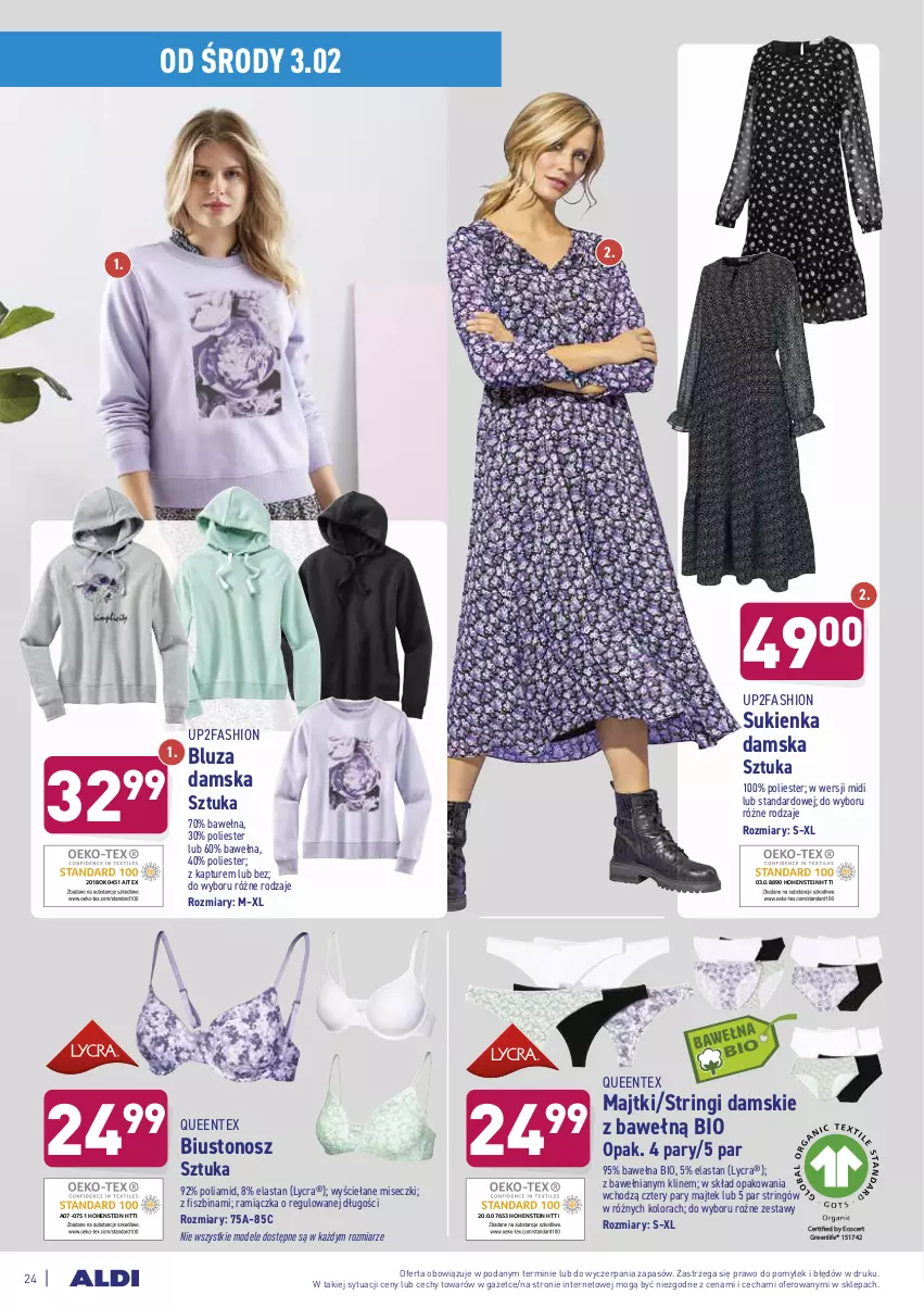 Gazetka promocyjna Aldi - ALE! CENA w ALDI - ważna 01.02 do 06.02.2021 - strona 24 - produkty: Biustonosz, Bluza, Fa, Majtki, Queentex, Stringi, Sukienka, Wełna