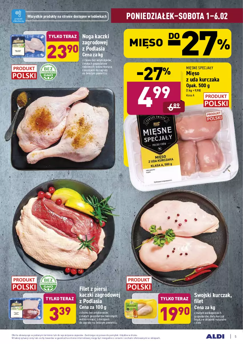 Gazetka promocyjna Aldi - ALE! CENA w ALDI - ważna 01.02 do 06.02.2021 - strona 5 - produkty: Filet z piersi kaczki, Kurczak, Lodówka, Mięsne specjały, Mięso, Mięso z uda kurczaka, Tera