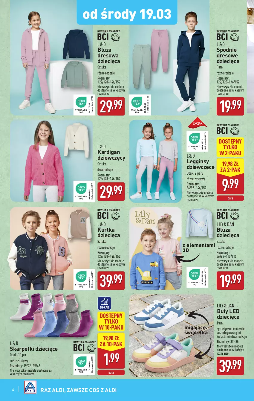 Gazetka promocyjna Aldi - Artykuły przemysłowe i tekstylia - ważna 19.03 do 22.03.2025 - strona 4 - produkty: Bluza, Bluza dresowa, Buty, Dres, Dzieci, Gin, Kardigan, Karp, Kurtka, Kurtka dziecięca, Legginsy, Skarpetki, Spodnie, Spodnie dresowe