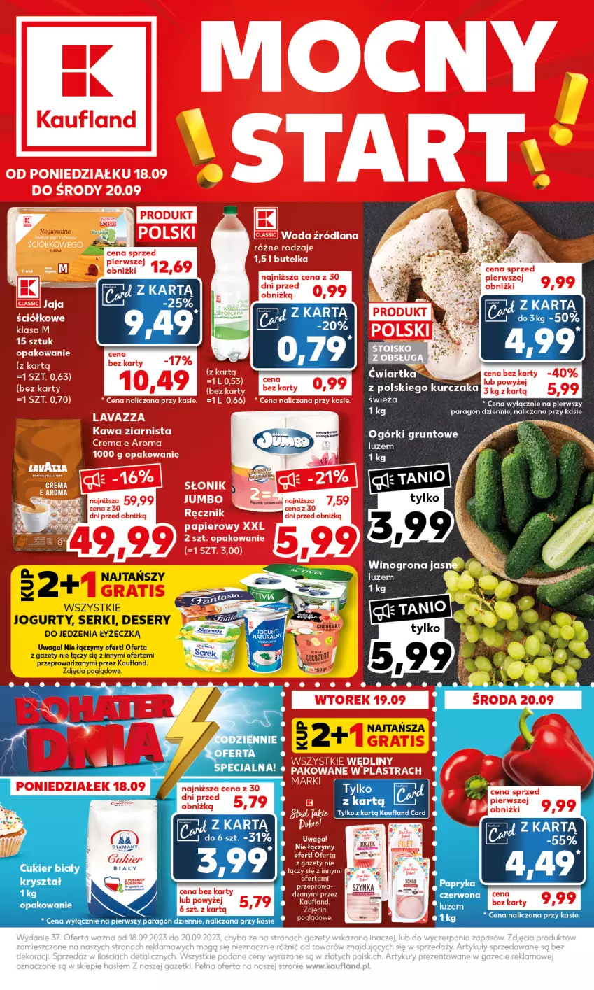 Gazetka promocyjna Kaufland - Mocny Start - ważna 18.09 do 20.09.2023 - strona 1 - produkty: Cukier, Deser, Grunt, Jogurt, Kurczak, LG, Ser, Szynka, Waga