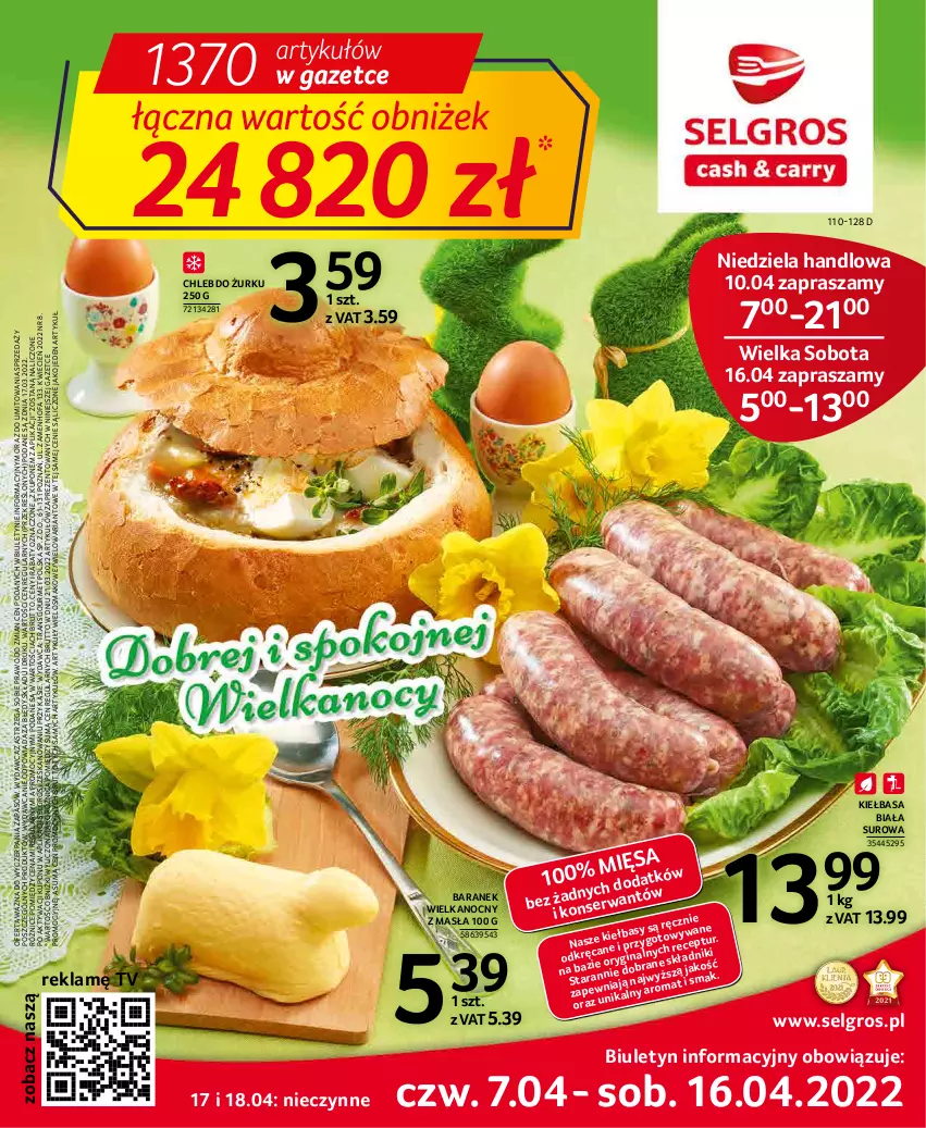 Gazetka promocyjna Selgros - Oferta spożywcza - ważna 07.04 do 16.04.2022 - strona 1 - produkty: Chleb, Cień, Fa, Gin, Kiełbasa, Kiełbasa biała, LG, Ser, Tran