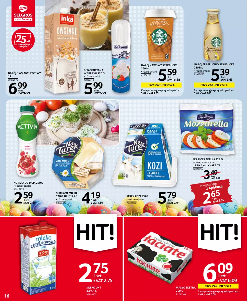 Gazetka promocyjna Selgros - Oferta spożywcza - ważna 07.04 do 16.04.2022 - strona 16 - produkty: Activia, Brie, Camembert, Masło, Mleko, Mozzarella, Napój, Ryż, Ser, Serek