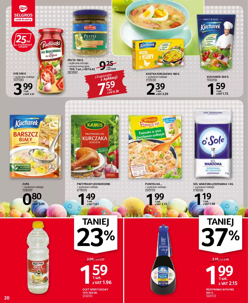 Gazetka promocyjna Selgros - Oferta spożywcza - ważna 07.04 do 16.04.2022 - strona 20 - produkty: Kucharek, Ocet, Pesto, Przyprawa w płynie, Przyprawy, Sól, Sos, Zupa