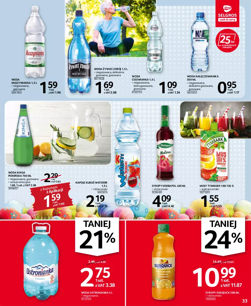 Gazetka promocyjna Selgros - Oferta spożywcza - ważna 07.04 do 16.04.2022 - strona 33 - produkty: Cisowianka, Herbapol, Kubuś, Kubuś Waterrr, Mus, Muszynianka, Nałęczowianka, Napoje, Syrop, Syropy, Tymbark, Woda