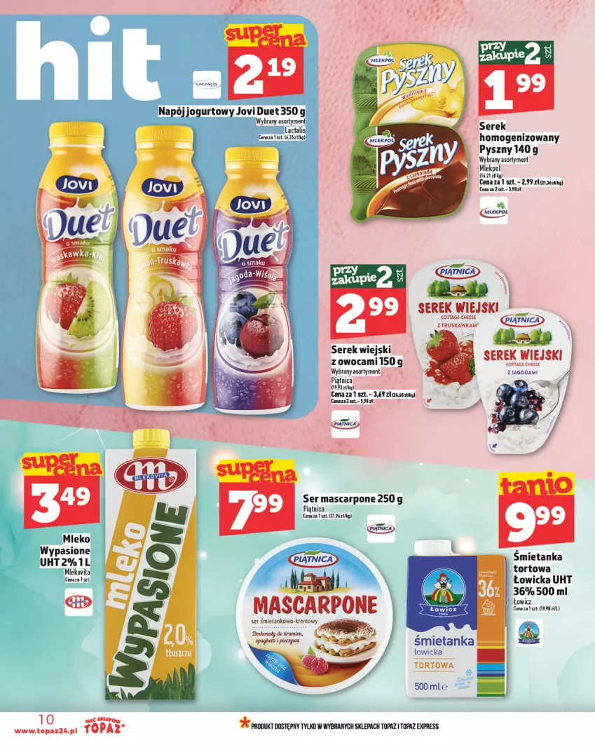 Gazetka promocyjna Topaz - Gazetka - ważna 20.03 do 26.03.2025 - strona 10 - produkty: Dada, Jogurt, Mascarpone, Mleko, Mlekovita, Napój, Napój jogurtowy, Piątnica, Ser, Serek, Serek homogenizowany, Serek wiejski, Top, Vita C