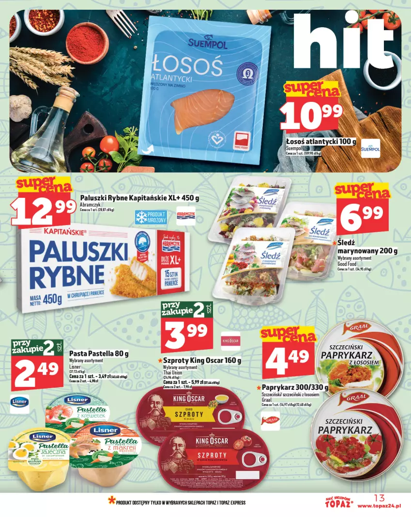 Gazetka promocyjna Topaz - Gazetka - ważna 20.03 do 26.03.2025 - strona 13 - produkty: Paluszki rybne, Papryka, Paprykarz, Pastella, Sledź, Sos, Szprot, Top