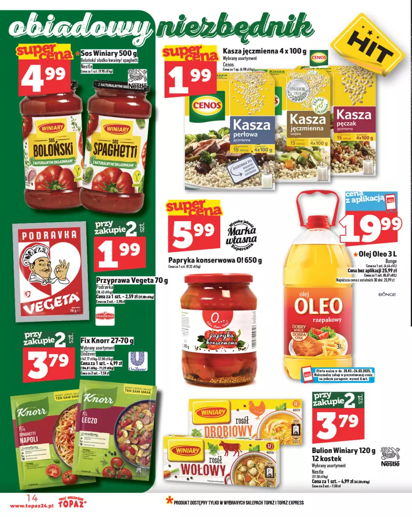 Gazetka promocyjna Topaz - Gazetka - ważna 20.03 do 26.03.2025 - strona 14 - produkty: Bulion, Cenos, Kasza, Kasza jęczmienna, Knorr, Lion, Olej, Oleo, Papryka, Por, Rosół, Ser, Sos, Spaghetti, Stek, Top, Winiary