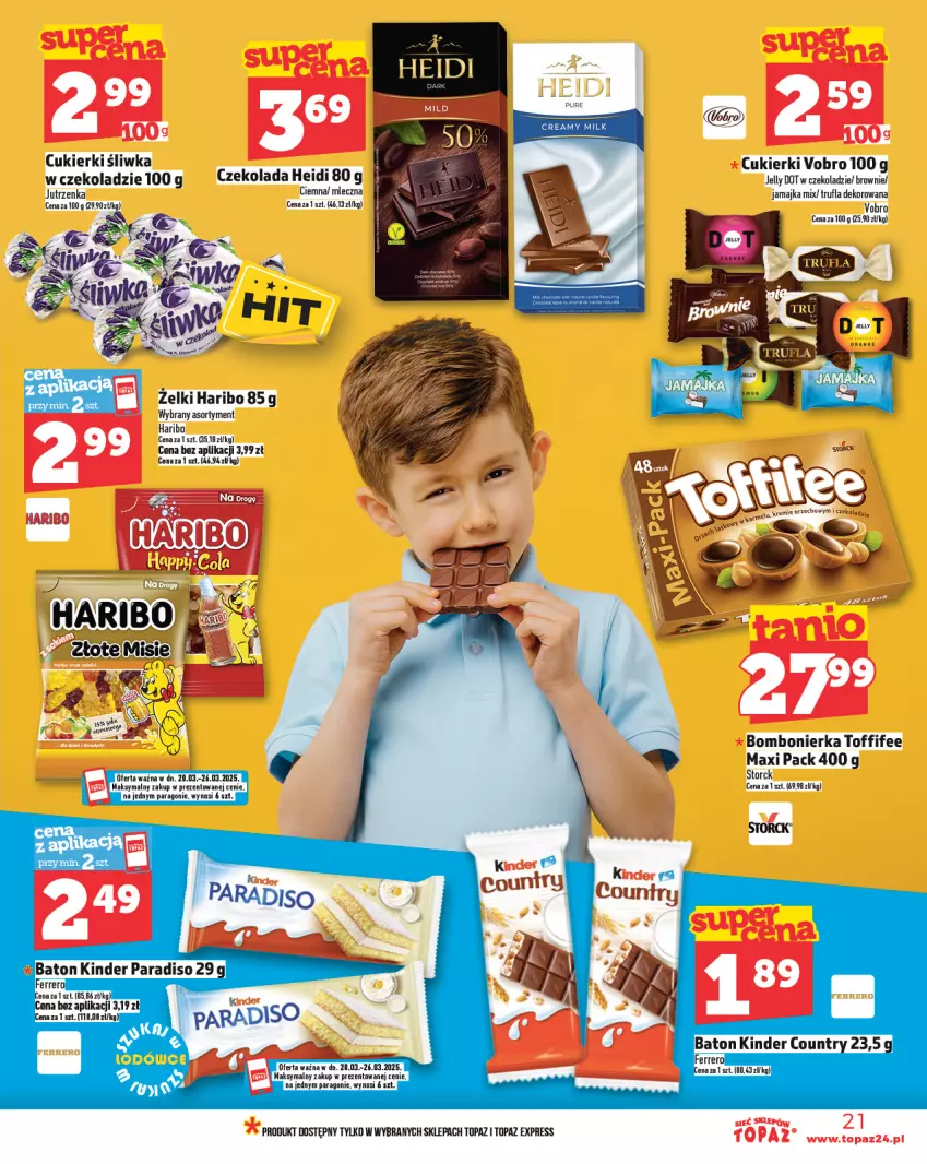 Gazetka promocyjna Topaz - Gazetka - ważna 20.03 do 26.03.2025 - strona 21 - produkty: Baton, Brownie, Cukier, Cukierki, Czekolada, Ferrero, Haribo, Jutrzenka, Kinder, Toffifee, Top