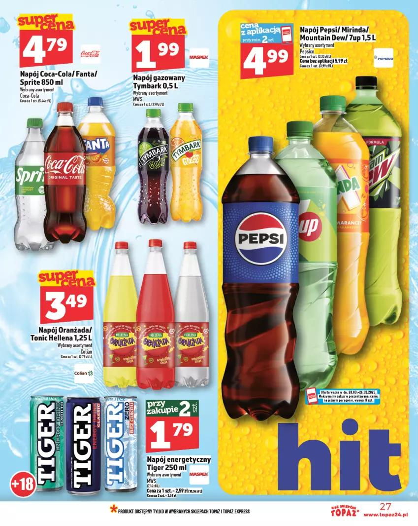 Gazetka promocyjna Topaz - Gazetka - ważna 20.03 do 26.03.2025 - strona 27 - produkty: 7up, Coca-Cola, Fa, Fanta, Hellena, Mirinda, Napój, Napój energetyczny, Napój gazowany, Oranżada, Pepsi, Tiger, Top, Tymbark