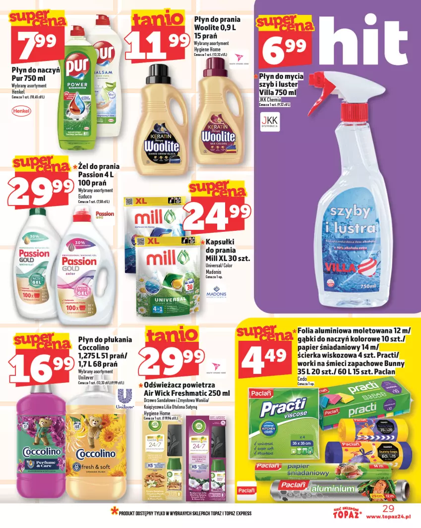 Gazetka promocyjna Topaz - Gazetka - ważna 20.03 do 26.03.2025 - strona 29 - produkty: Air Wick, Coccolino, Danio, Odświeżacz powietrza, Papier, Płyn do mycia, Płyn do płukania, Płyn do prania, Pur, Sandał, Top, Woolite