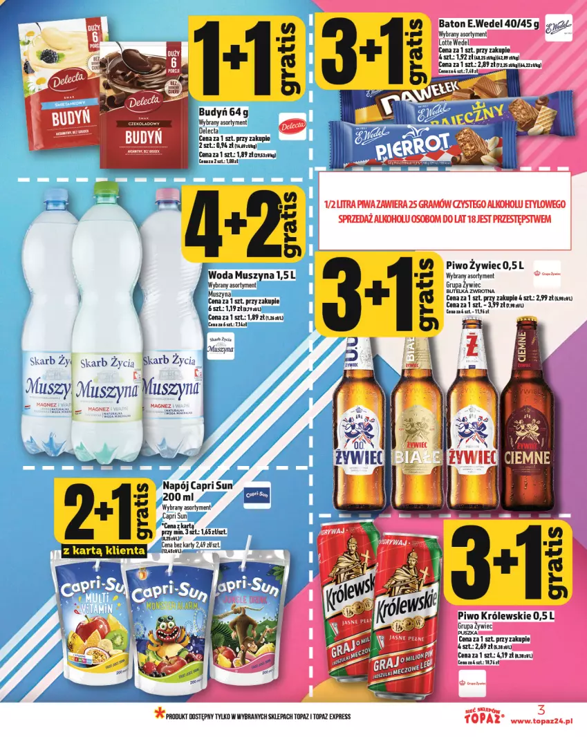 Gazetka promocyjna Topaz - Gazetka - ważna 20.03 do 26.03.2025 - strona 3 - produkty: Baton, Budyń, Delecta, Gra, Królewski, Magnez, Mus, Napój, Piwa, Piwo, Szyna, Top, Woda