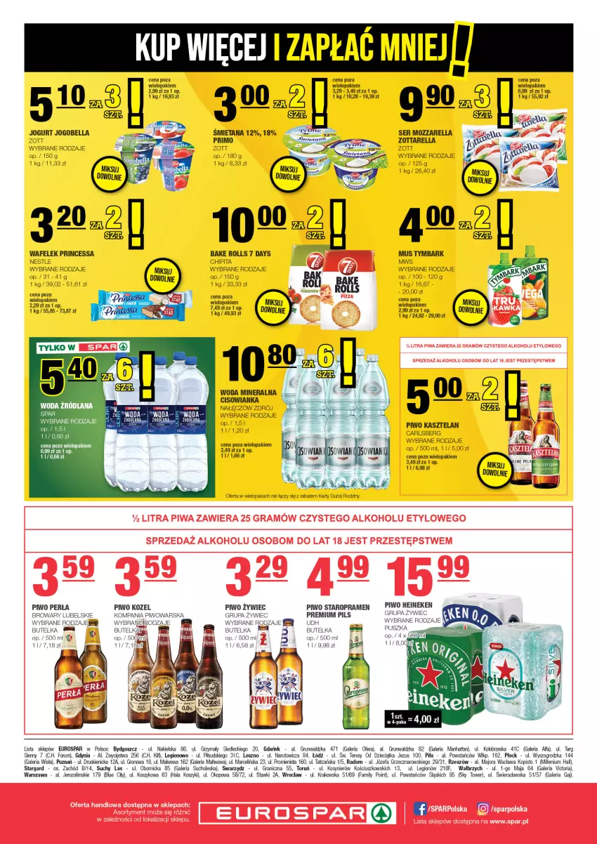 Gazetka promocyjna Spar - EuroSpar - ważna 06.10 do 16.10.2024 - strona 8 - produkty: 7 Days, Bake Rolls, Bell, Bella, Carlsberg, Dzieci, Fa, Gra, Heineken, Jogobella, Jogurt, Kasztelan, Kosz, Kozel, LANA, Mozzarella, Mus, Perła, Piwo, Princessa, Rum, Ser, Tymbark, Wafelek, Woda, Woda mineralna, Zott, Zottarella