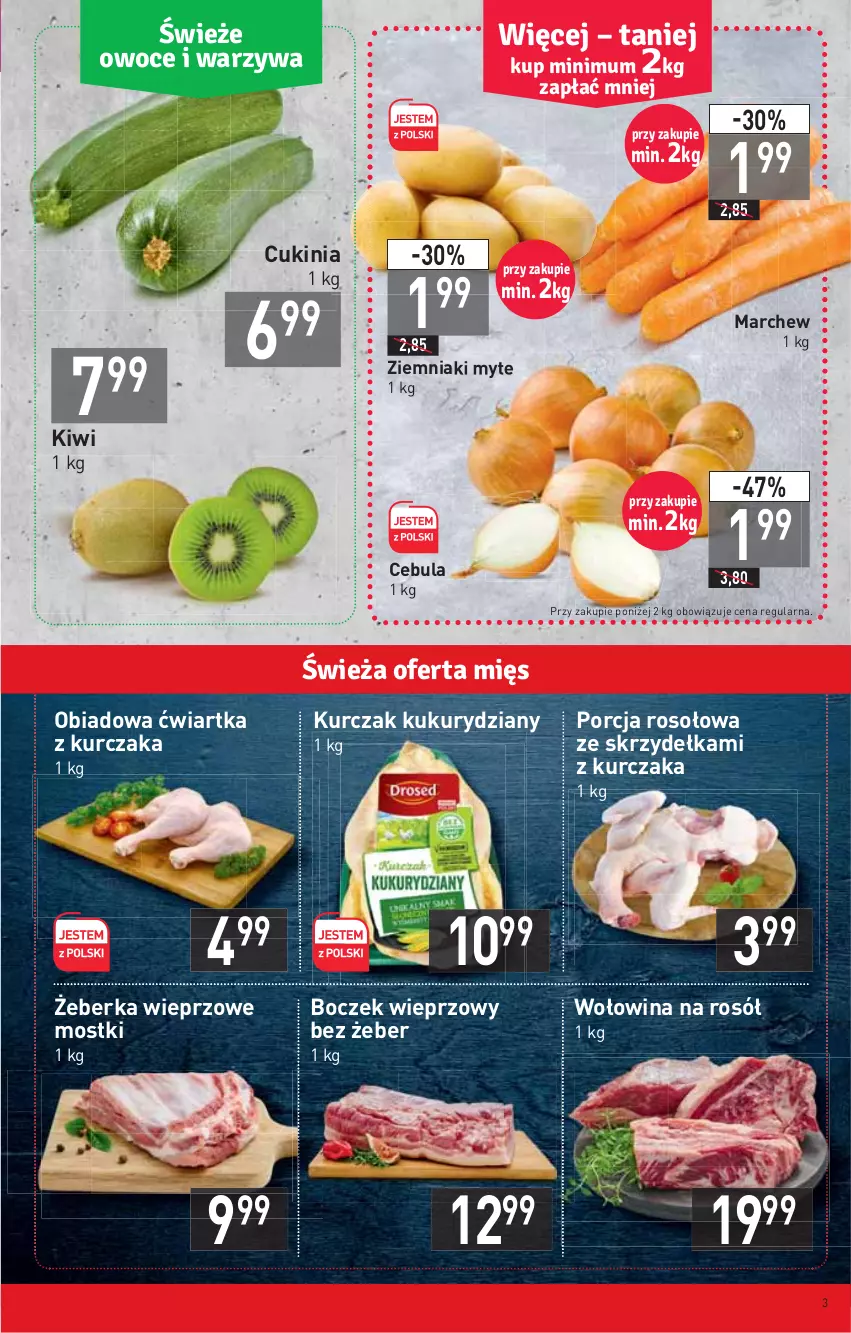 Gazetka promocyjna Stokrotka - Market - ważna 17.02 do 23.02.2022 - strona 3 - produkty: Boczek, Boczek wieprzowy, Cebula, Gin, Kiwi, Kurczak, Por, Rosół, Wołowina, Ziemniaki