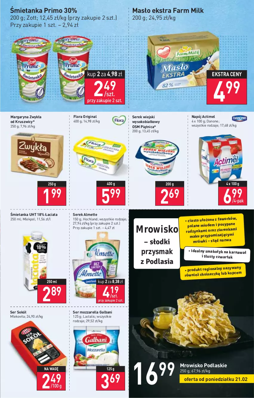 Gazetka promocyjna Stokrotka - Market - ważna 17.02 do 23.02.2022 - strona 5 - produkty: Actimel, Almette, Danone, Fa, Farm Milk, Flora, Galbani, Gin, Hochland, HP, Margaryna, Masło, Mleko, Mlekovita, Mozzarella, Napój, Piątnica, Podlaski, Ser, Serek, Serek wiejski, Sok, Sokół, Zott