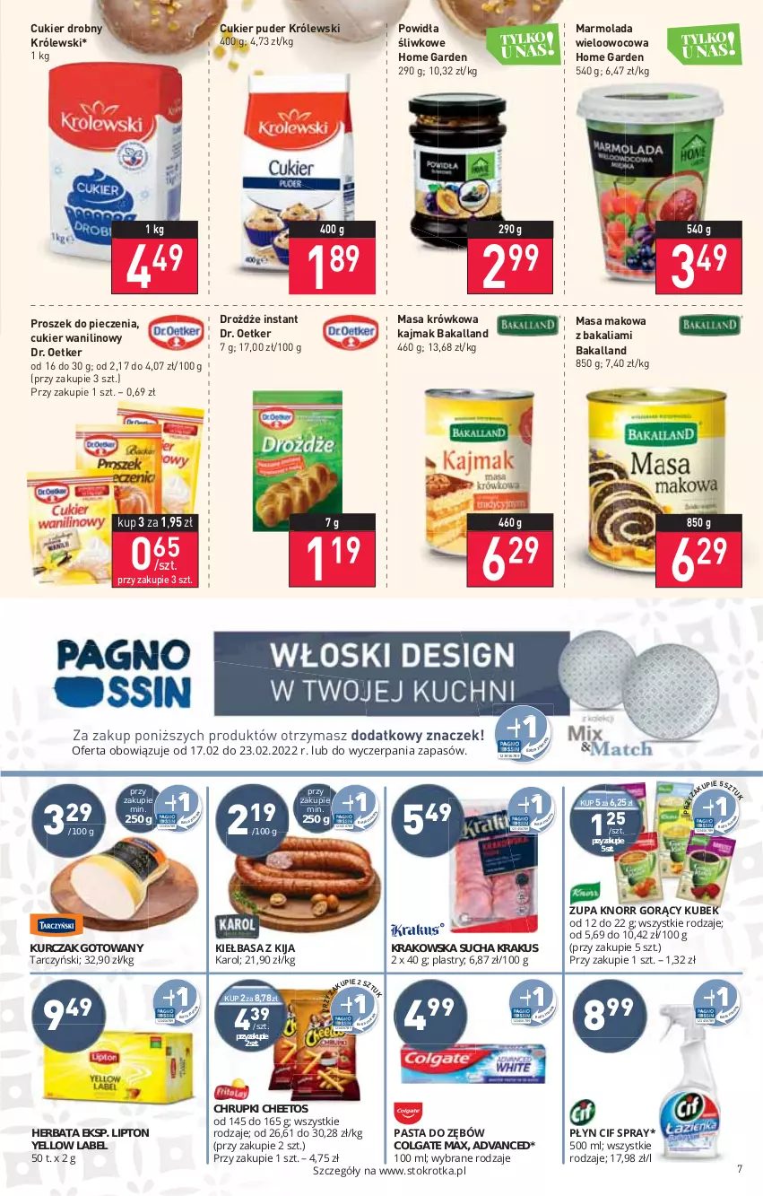 Gazetka promocyjna Stokrotka - Market - ważna 17.02 do 23.02.2022 - strona 7 - produkty: Bakalland, Cheetos, Chrupki, Colgate, Cukier, Cukier puder, Cukier wanilinowy, Dr. Oetker, Drożdże, Herbata, Krakus, Królewski, Kurczak, Kurczak gotowany, LG, Lipton, Marmolada, Masa krówkowa, Mola, Piec, Proszek do pieczenia, Puder