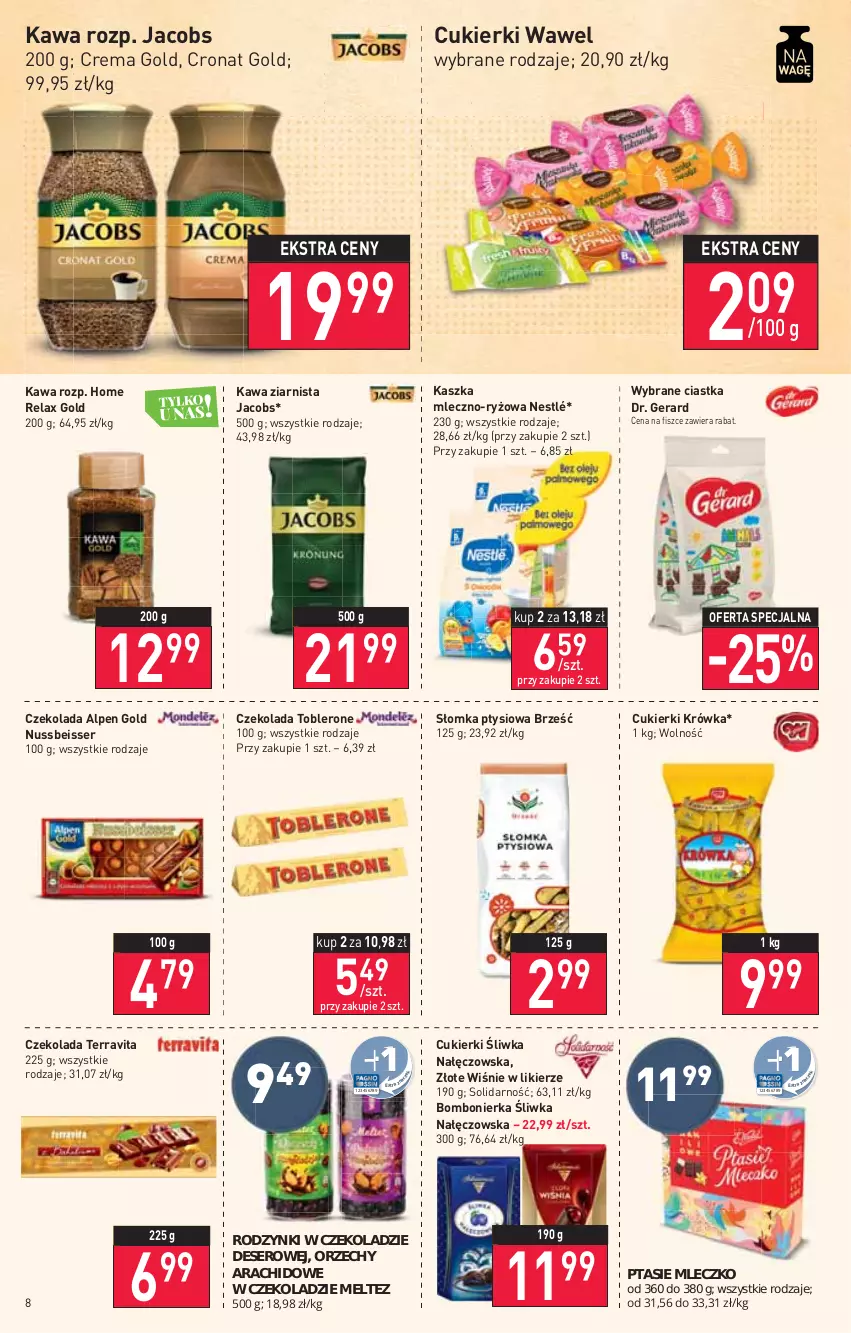 Gazetka promocyjna Stokrotka - Market - ważna 17.02 do 23.02.2022 - strona 8 - produkty: Ciastka, Cukier, Cukierki, Czekolada, Deser, Gra, Jacobs, Kawa, Kawa ziarnista, Likier, Mleczko, Nestlé, Piwa, Ptasie mleczko, Rodzynki, Ryż, Ser, Toblerone, Wawel