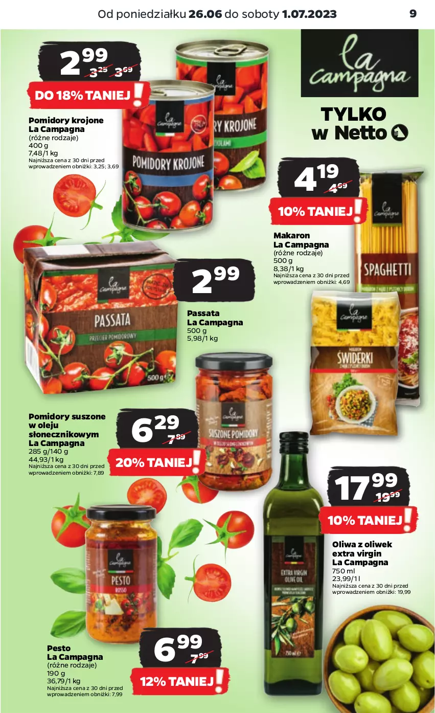 Gazetka promocyjna Netto - Artykuły spożywcze - ważna 26.06 do 01.07.2023 - strona 9 - produkty: Gin, Makaron, Olej, Oliwa z oliwek, Pesto, Pomidory, Pomidory krojone