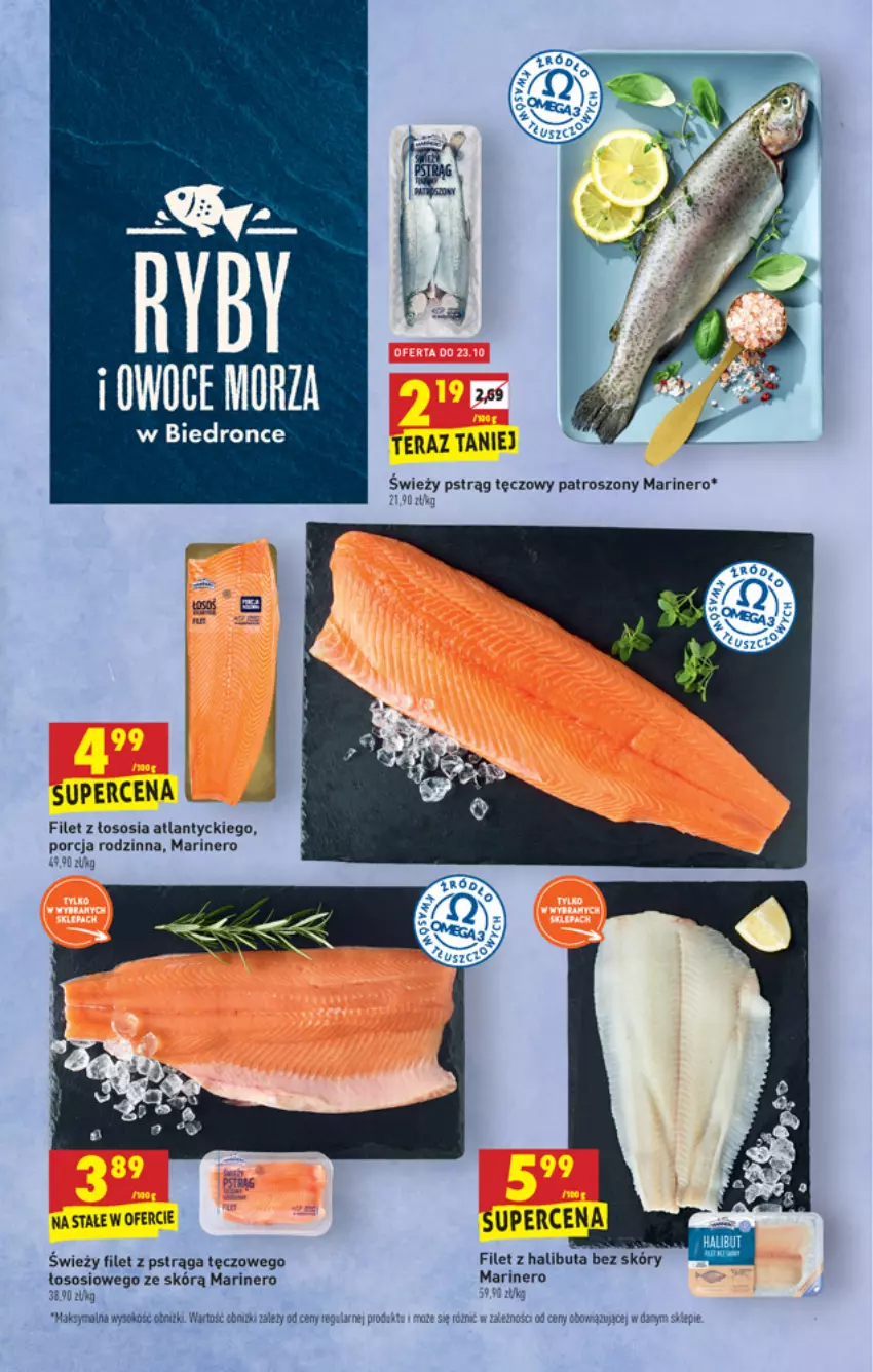 Gazetka promocyjna Biedronka - ważna 21.10 do 27.10.2021 - strona 23 - produkty: Halibut, Owoce, Owoce morza, Por, Pstrąg, Pstrąg tęczowy, Sok, Sos, Tera