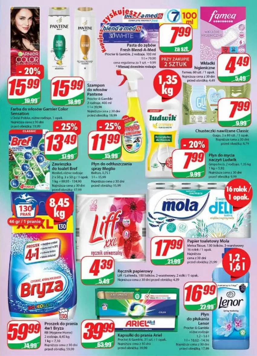 Gazetka promocyjna Dino - ważna 15.11 do 21.11.2023 - strona 16 - produkty: Ariel, Blend-a-Med, Bref, Bryza, Chusteczki, Do mycia naczyń, Fa, Farba do włosów, Garnier, Kapsułki do prania, Lenor, Ludwik, Mola, Pantene, Papier, Papier toaletowy, Pasta do zębów, Płyn do mycia, Płyn do mycia naczyń, Płyn do płukania, Proszek do prania, Ręcznik, Rolki, Sati, Wkładki