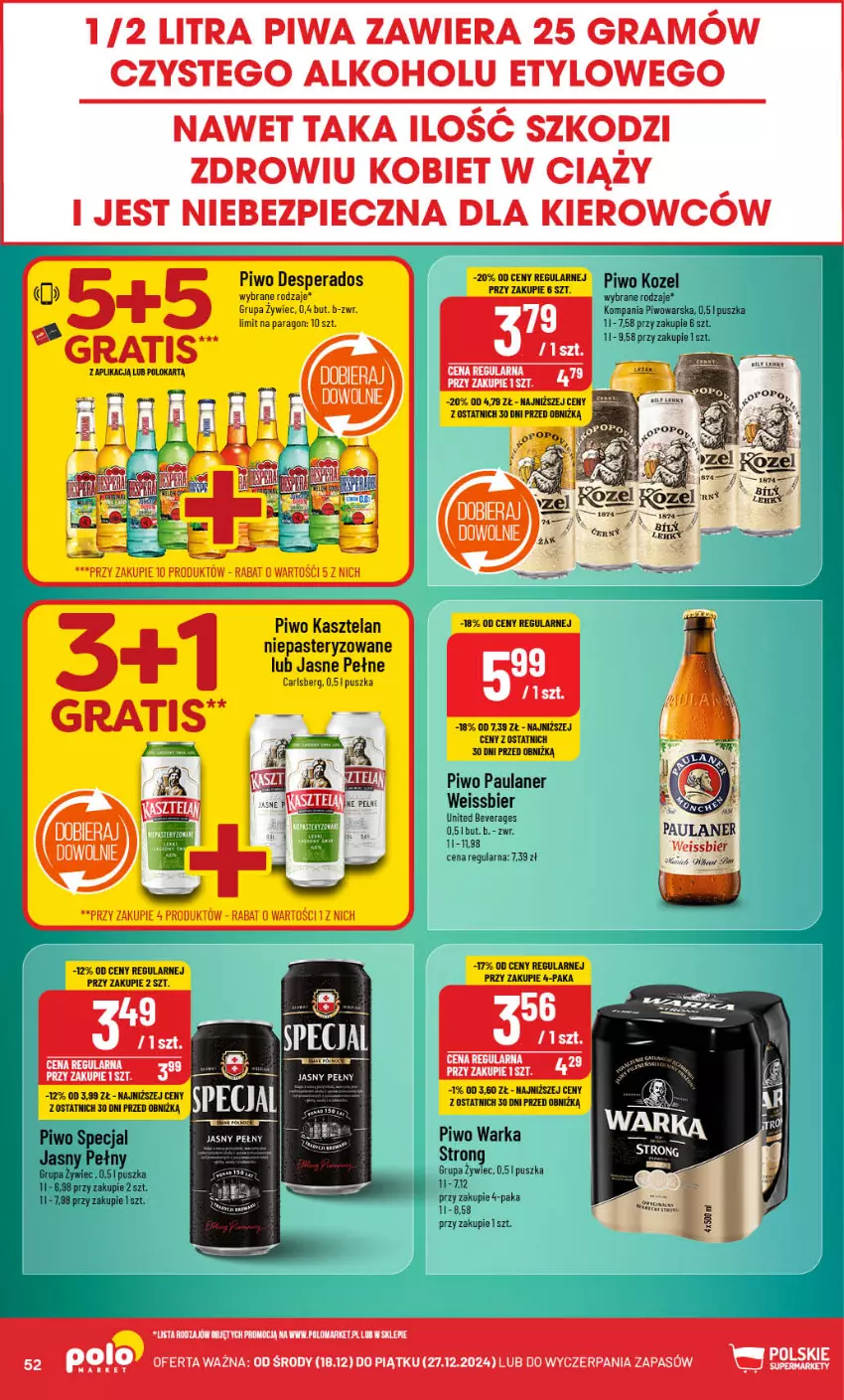 Gazetka promocyjna PoloMarket - Gazetka pomocyjna - ważna 18.12 do 27.12.2024 - strona 52 - produkty: Carlsberg, Desperados, Gra, Kasztelan, Kozel, Piec, Piwa, Piwo, Warka