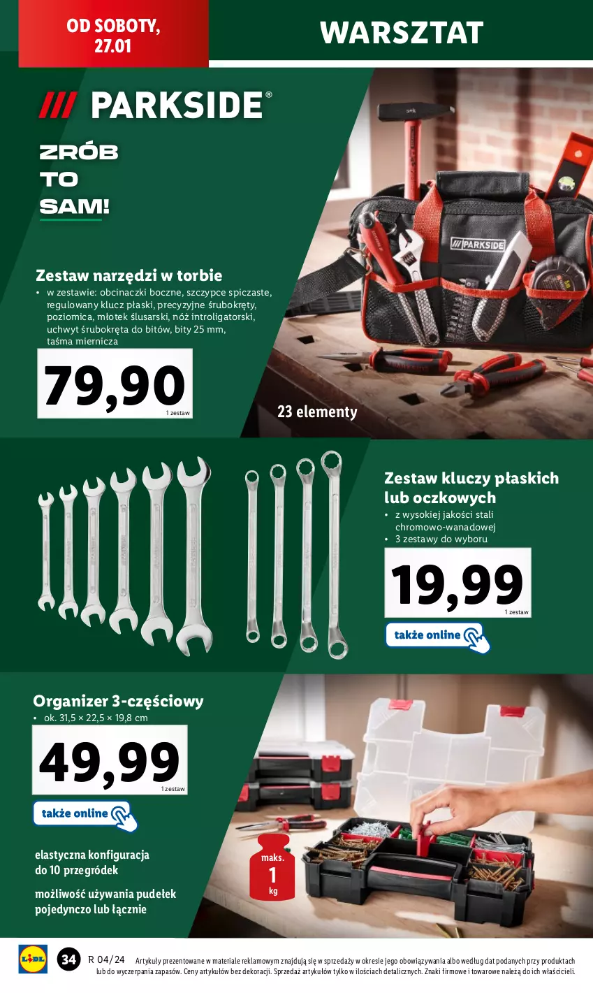 Gazetka promocyjna Lidl - GAZETKA - ważna 22.01 do 27.01.2024 - strona 40 - produkty: Młot, Młotek, Organizer, Poziomica, Sok, Szczypce, Taśma miernicza, Zestaw kluczy, Zestaw narzędzi