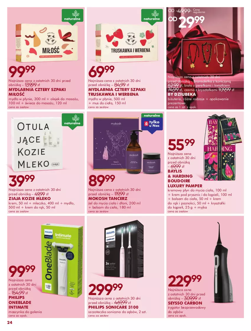 Gazetka promocyjna Super Pharm - Gazetka - ważna 04.11 do 30.11.2025 - strona 24 - produkty: Balsam do ciała, Bransoletka, Irygator, Krem do rąk, Maszynka, Maszynka do golenia, Mleczko, Mleko, Mus, Mydło, Mydło w płynie, Olej, Philips, Philips OneBlade, Płyn do mycia, Seysso, Szczoteczka, Szczoteczka soniczna, Szynka, Ziaja