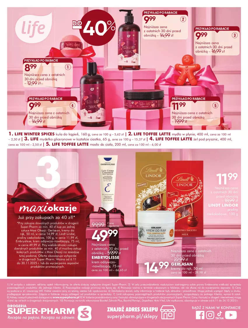 Gazetka promocyjna Super Pharm - Gazetka - ważna 04.11 do 30.11.2025 - strona 32 - produkty: Biovital, Ciastka, Dres, Embryolisse, Kula do kąpieli, Lindor, Lindt, Masło, Masło do ciała, Mydło, Mydło w płynie, Olej, Praliny, Tonik