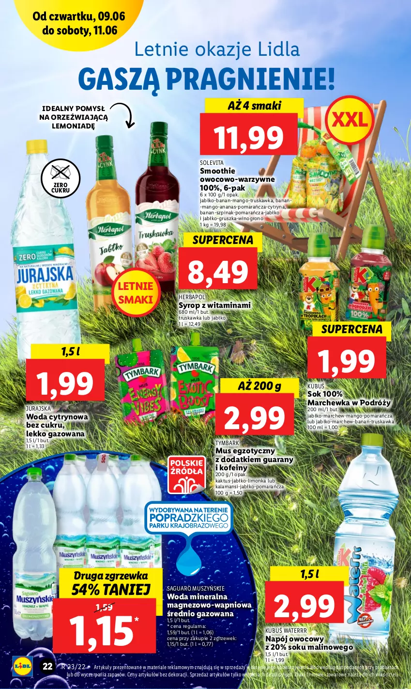 Gazetka promocyjna Lidl - GAZETKA - ważna 09.06 do 11.06.2022 - strona 22 - produkty: Ananas, Herbapol, Kaktus, Kubuś, Kubuś Waterrr, Limonka, Magnez, Mango, Marchewka, Mus, Napój, Smoothie, Sok, Syrop, Szpinak, Tymbark, Wino, Woda, Woda mineralna