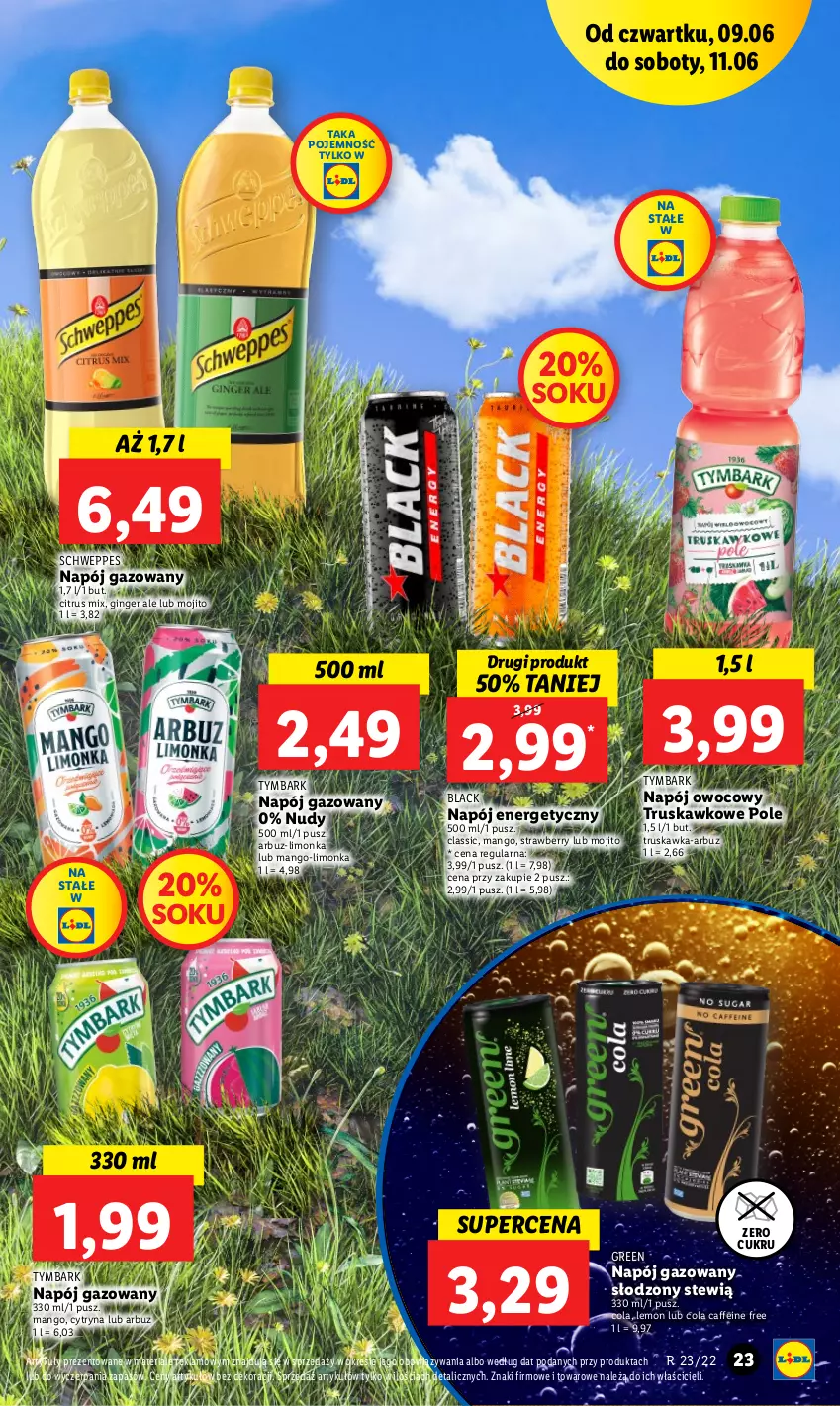 Gazetka promocyjna Lidl - GAZETKA - ważna 09.06 do 11.06.2022 - strona 23 - produkty: Arbuz, Gin, Lack, Limonka, Mango, Napój, Napój energetyczny, Napój gazowany, Schweppes, Sok, Tymbark