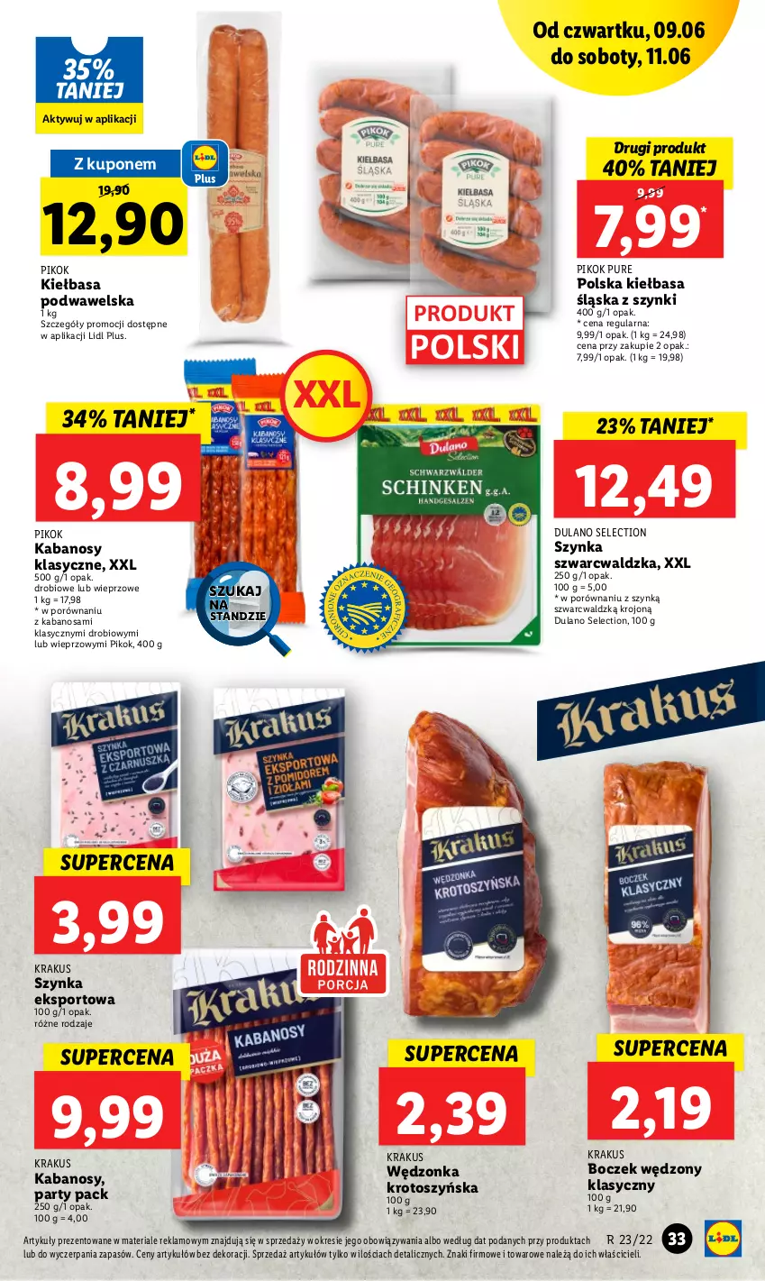 Gazetka promocyjna Lidl - GAZETKA - ważna 09.06 do 11.06.2022 - strona 33 - produkty: Boczek, Dulano, Kabanos, Kiełbasa, Kiełbasa podwawelska, Kiełbasa śląska, Krakus, PIKOK, Por, Pur, Sport, Szynka, Wawel