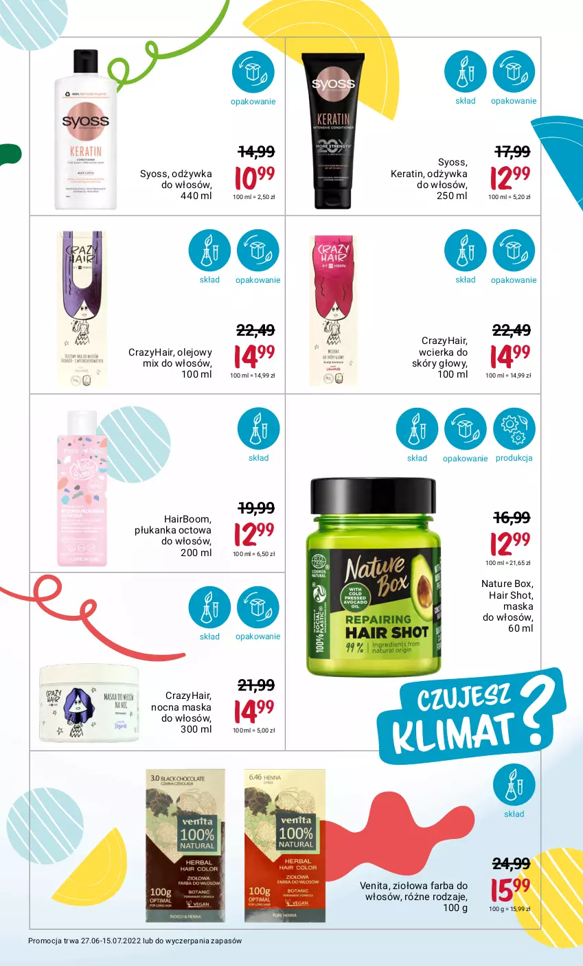 Gazetka promocyjna Rossmann - ważna 27.06 do 15.07.2022 - strona 9 - produkty: Fa, Farba do włosów, Maska, Maska do włosów, Nature Box, Odżywka, Olej, Syoss