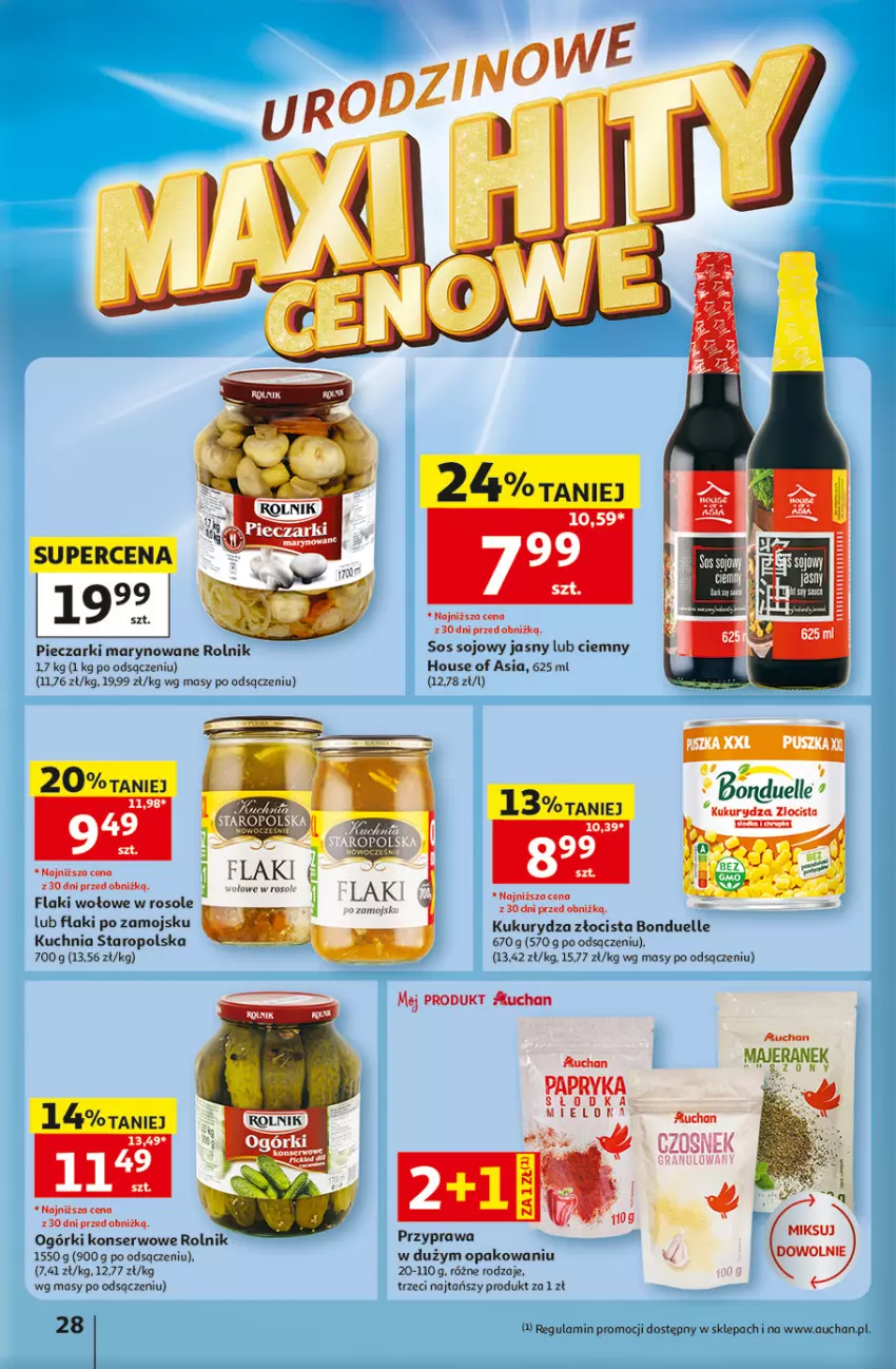 Gazetka promocyjna Auchan - Gazetka 30 Lat Hipermarket Auchan - ważna 07.05 do 13.05.2026 - strona 28 - produkty: Bonduelle, Czosnek, Flaki, Flaki po zamojsku, Flaki wołowe, House of Asia, Kuchnia, Kuchnia Staropolska, Kukurydza, Ogórki konserwowe, Piec, Rolnik, Ser, Sos, Sos sojowy
