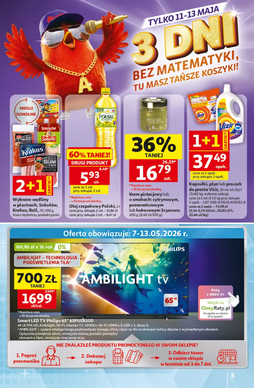 Gazetka promocyjna Auchan - Gazetka 30 Lat Hipermarket Auchan - ważna 07.05 do 13.05.2026 - strona 3 - produkty: Bell, Gra, Kokos, Krakus, Krem pistacjowy, LED TV, Obraz, Olej, Olej rzepakowy, Philips, Proszek do prania, Sok, Sokołów, Vizir