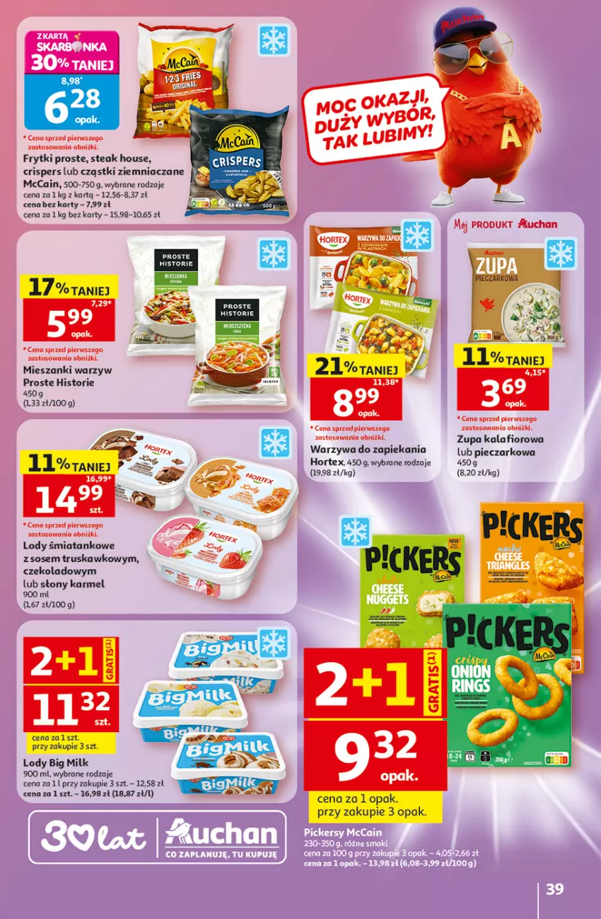 Gazetka promocyjna Auchan - Gazetka 30 Lat Hipermarket Auchan - ważna 07.05 do 13.05.2026 - strona 39 - produkty: Big Milk, Frytki, Hortex, Kalafior, Lody, McCain, Piec, Sos, Warzywa, Zupa, Zupa kalafiorowa