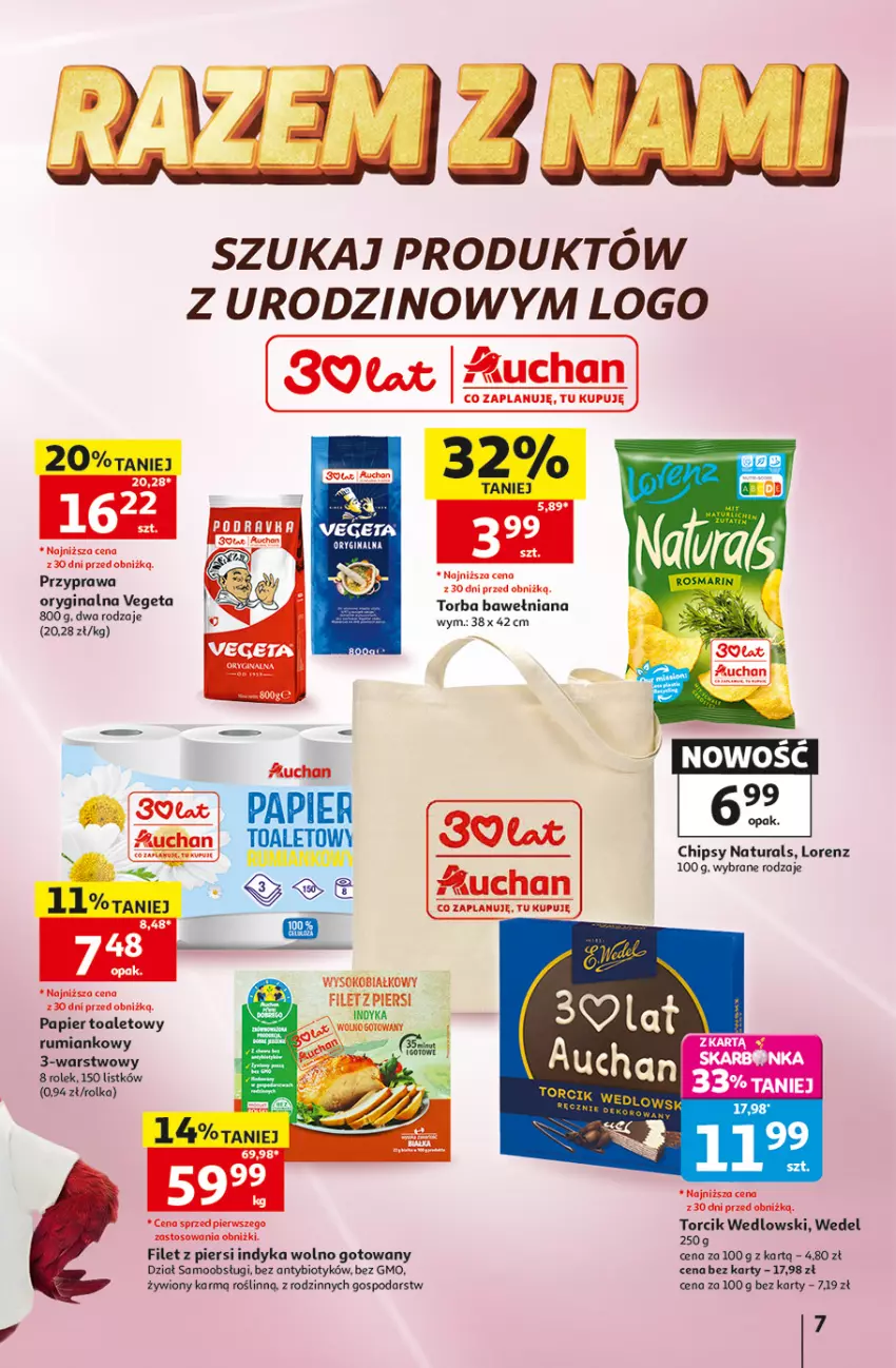 Gazetka promocyjna Auchan - Gazetka 30 Lat Hipermarket Auchan - ważna 07.05 do 13.05.2026 - strona 7 - produkty: Chipsy, Filet z piersi indyka, Gin, Lorenz, Papier, Papier toaletowy, Podravka, Rum, Sok, Torba, Vegeta