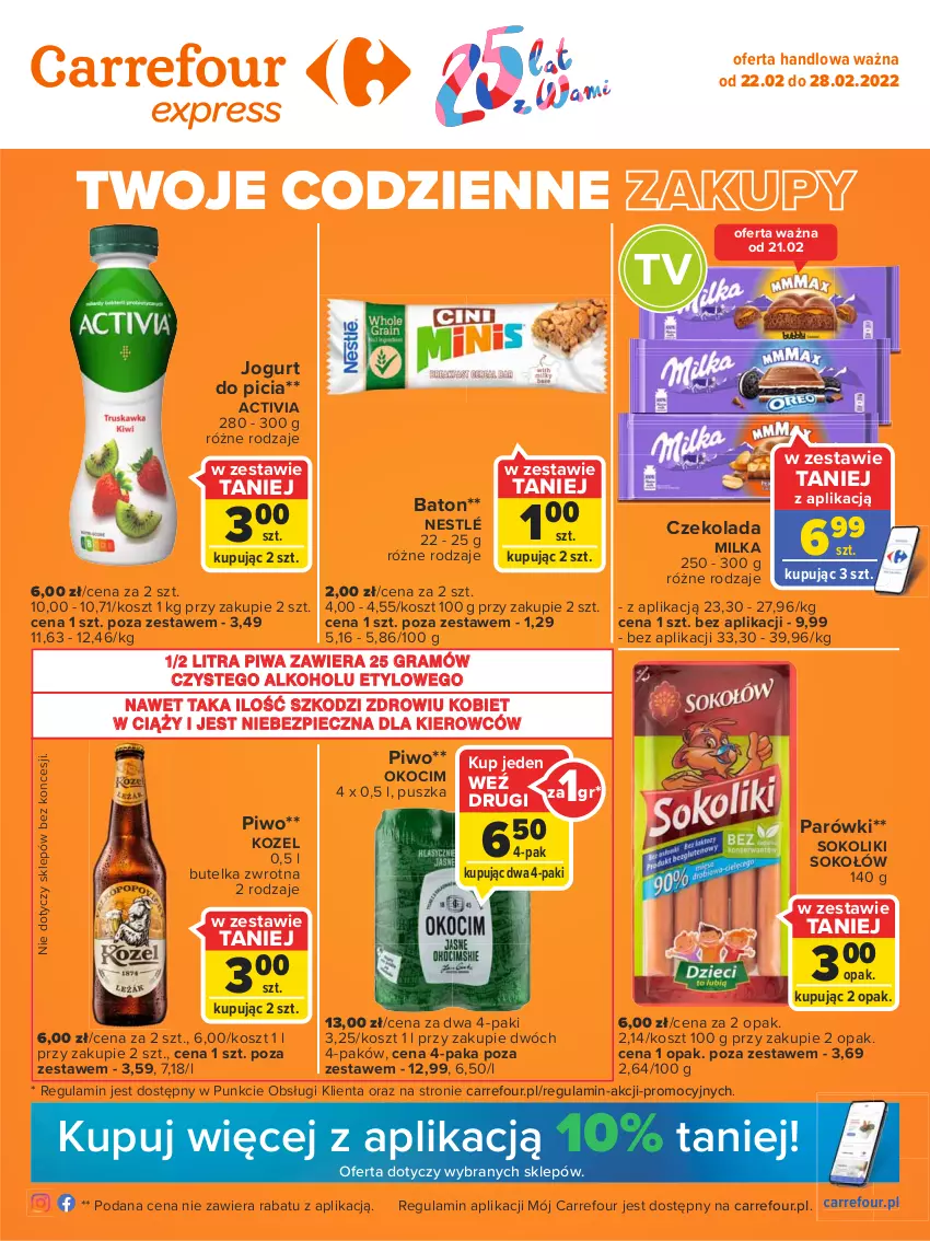 Gazetka promocyjna Carrefour - Gazetka Express - ważna 22.02 do 28.02.2022 - strona 1 - produkty: Activia, Baton, Czekolada, Gra, Jogurt, Koc, Kosz, Kozel, Milka, Nestlé, Okocim, Parówki, Piec, Piwa, Piwo, Sok, Sokołów