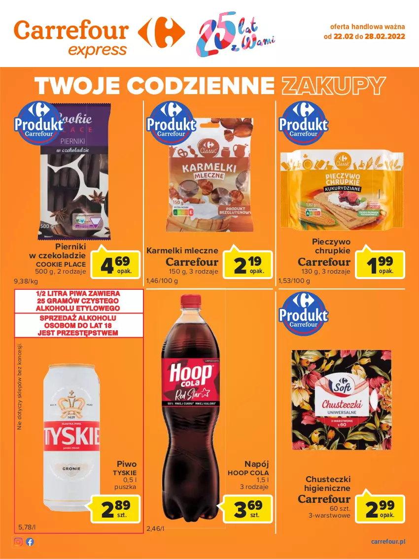 Gazetka promocyjna Carrefour - Gazetka Express - ważna 22.02 do 28.02.2022 - strona 2 - produkty: Chrupki, Chusteczki, Gra, Hoop, Napój, Piec, Pieczywo, Pieczywo chrupkie, Piernik, Pierniki w czekoladzie, Piwa, Piwo, Tyskie