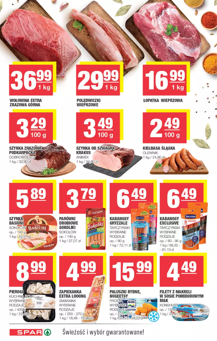 Gazetka promocyjna Spar - Spar - ważna 30.07 do 09.08.2023 - strona 4 - produkty: Frosta, Gra, Gry, Kabanos, Kiełbasa, Kiełbasa śląska, Krakus, Olewnik, Paluszki rybne, Parówki, Sok, Sokołów, Sos, Szynka, Tarczyński, Wołowina, Zapiekanka