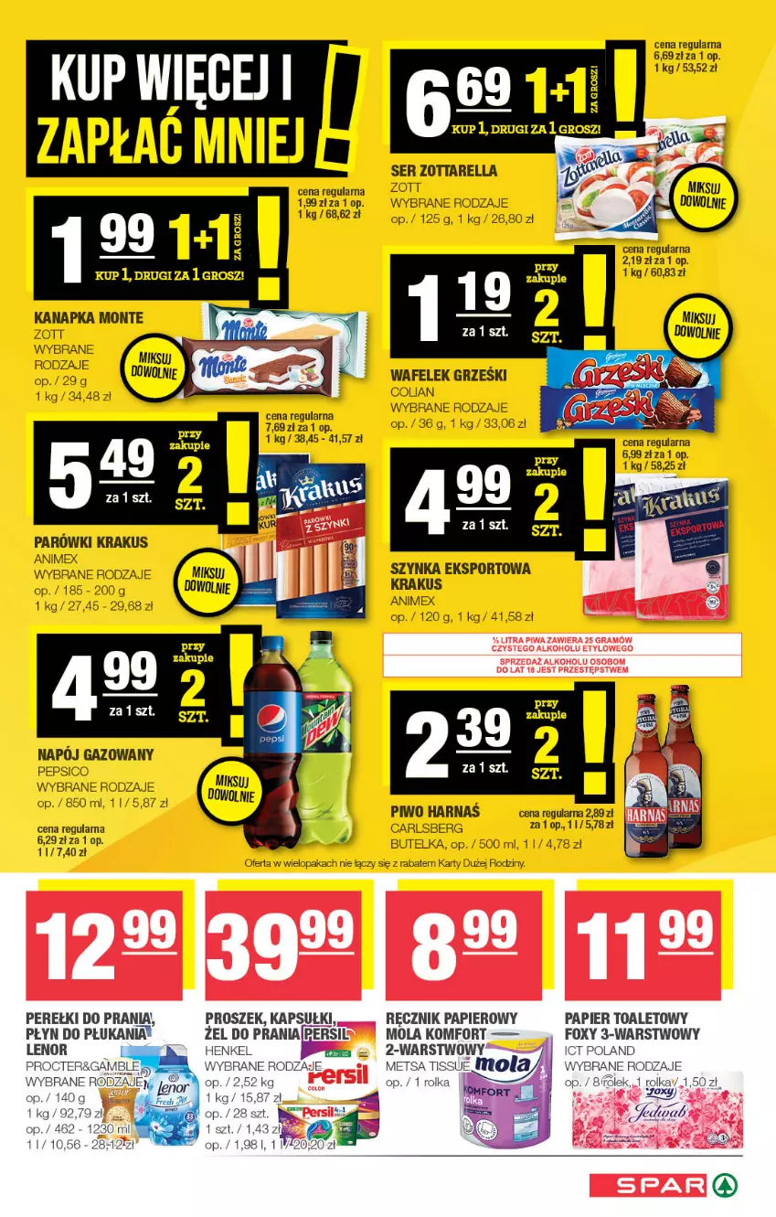 Gazetka promocyjna Spar - Spar - ważna 30.07 do 09.08.2023 - strona 5 - produkty: Carlsberg, Fa, Foxy, Krakus, Lenor, Mola, Monte, Papier, Papier toaletowy, Parówki, Pepsi, Piwo, Płyn do płukania, Por, Ręcznik, Sport, Szynka, Wafelek, Zott