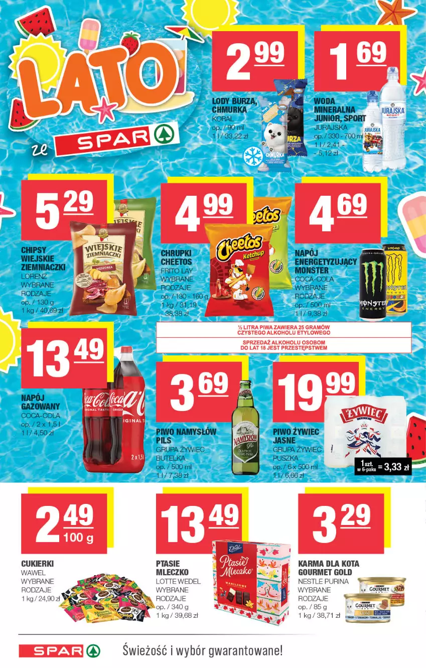 Gazetka promocyjna Spar - Spar - ważna 30.07 do 09.08.2023 - strona 6 - produkty: Cheetos, Coca-Cola, Cukier, Cukierki, Gin, Gourmet Gold, Gra, Lorenz, Mleczko, Namysłów, Piwa, Piwo, Por, Ptasie mleczko, Pur, Purina, Sport, Wawel, Woda