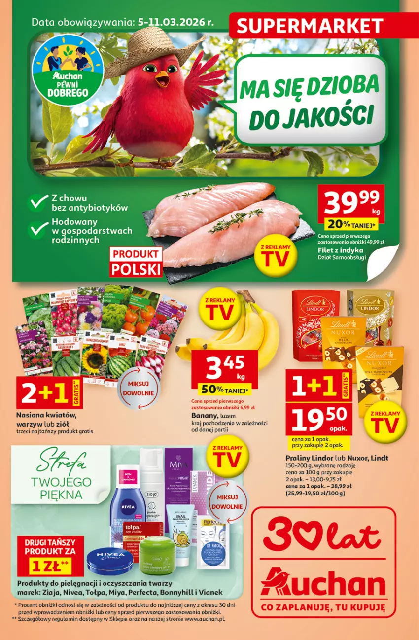 Gazetka promocyjna Auchan - Gazetka 30 Lat Supermarket Auchan - ważna 05.03 do 11.03.2026 - strona 1 - produkty: Banany, Gra, Lindor, Lindt, Nivea, Perfecta, Praliny, Tołpa, Ziaja