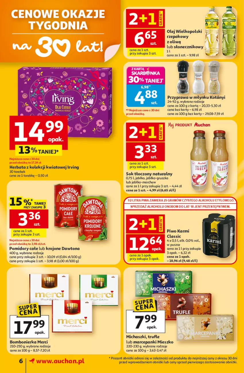 Gazetka promocyjna Auchan - Gazetka 30 Lat Supermarket Auchan - ważna 05.03 do 11.03.2026 - strona 6 - produkty: Dawtona, Gra, Herbata, Irving, Karmi, LG, Merci, Olej, Piwa, Piwo, Pomidory, Sok