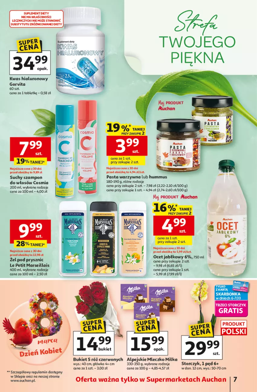Gazetka promocyjna Auchan - Gazetka 30 Lat Supermarket Auchan - ważna 05.03 do 11.03.2026 - strona 7 - produkty: Bukiet, Hummus, Mars, Milka, Mleczko, Mus, Ocet, Pasta warzywna, Storczyk, Suchy szampon, Szampon, Tablet, Znicz