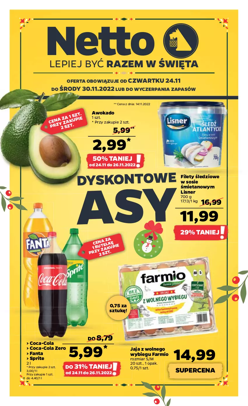 Gazetka promocyjna Netto - Artykuły spożywcze - ważna 24.11 do 30.11.2022 - strona 1 - produkty: Coca-Cola, Fa, Fanta, Jaja, Jaja z wolnego wybiegu, Lisner, Sos, Sprite