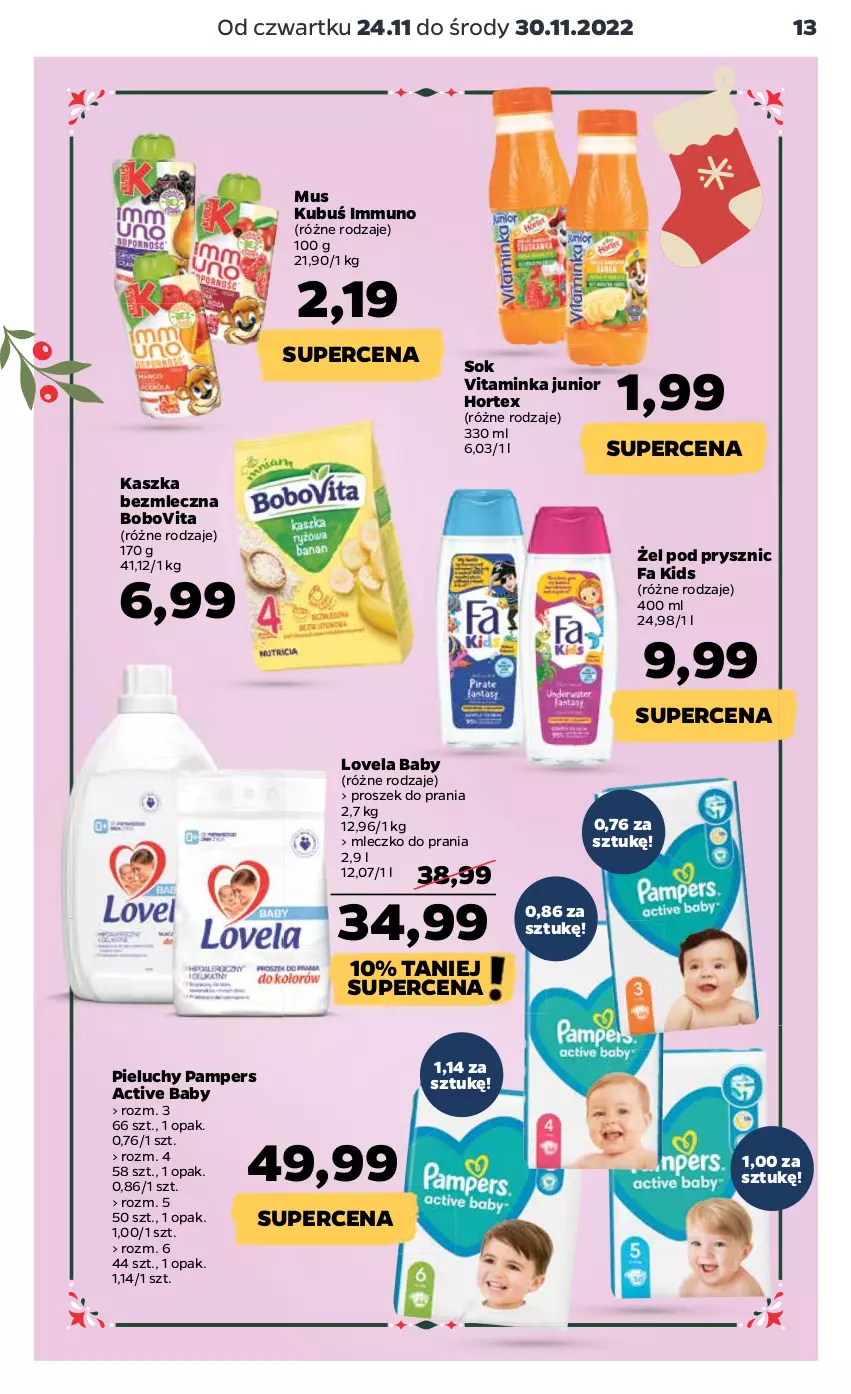 Gazetka promocyjna Netto - Artykuły spożywcze - ważna 24.11 do 30.11.2022 - strona 13 - produkty: BoboVita, Fa, Hortex, Inka, Kubuś, Lovela, Mleczko, Mleczko do prania, Mus, Pampers, Pieluchy, Proszek do prania, Sok